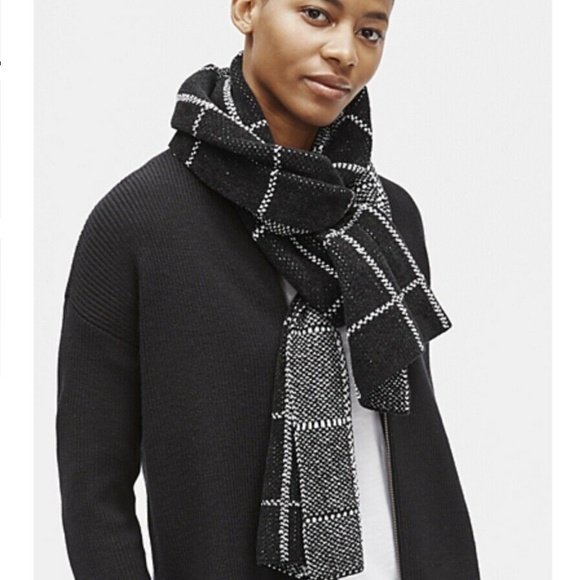 NWT Eileen Fisher Women's ORGANIC COTTON CHENILLE CHECK SCARF WRAP Black & White